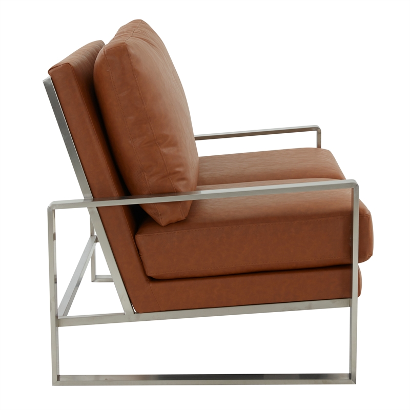 LeisureMod Jefferson Faux Leather Modern Loveseat With Gold Frame Cognac Tan