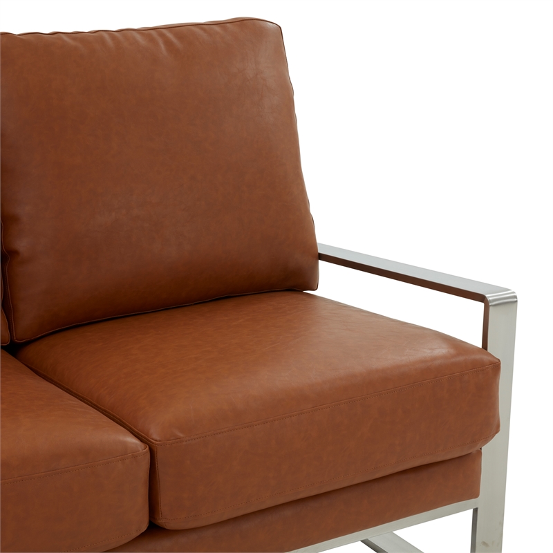 LeisureMod Jefferson Faux Leather Modern Loveseat With Gold Frame Cognac Tan