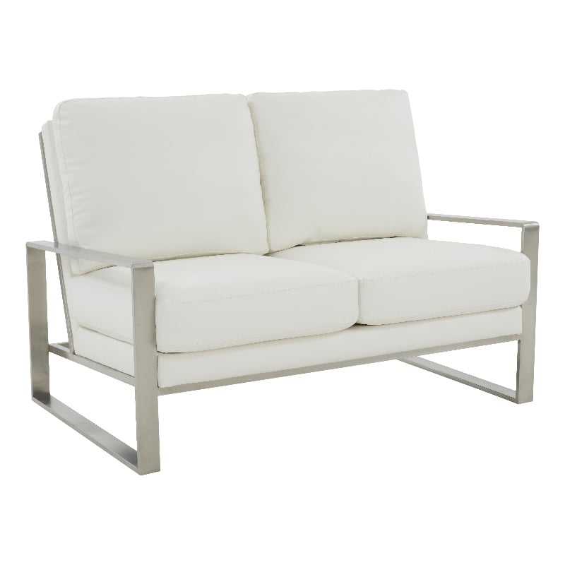 LeisureMod Jefferson Faux Leather Modern Design Loveseat With Silver Frame White