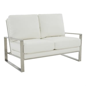 LeisureMod Jefferson Faux Leather Modern Design Loveseat With Silver Frame White