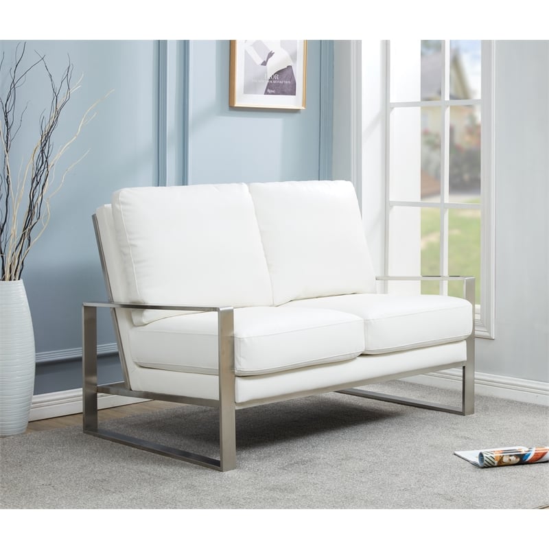LeisureMod Jefferson Faux Leather Modern Design Loveseat With Silver Frame White
