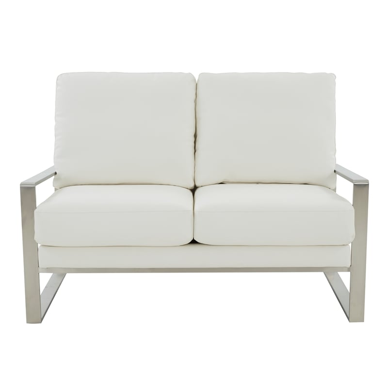LeisureMod Jefferson Faux Leather Modern Design Loveseat With Silver Frame White
