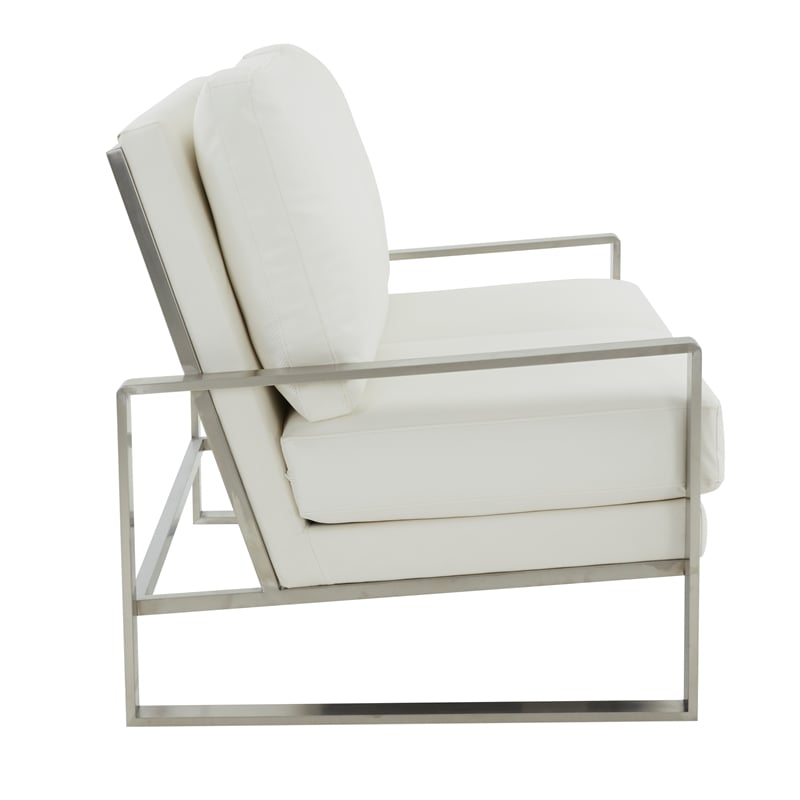 LeisureMod Jefferson Faux Leather Modern Design Loveseat With Silver Frame White