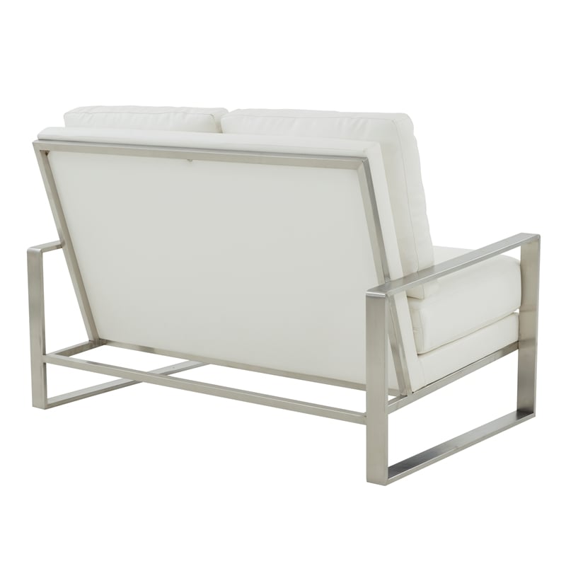LeisureMod Jefferson Faux Leather Modern Design Loveseat With Silver Frame White