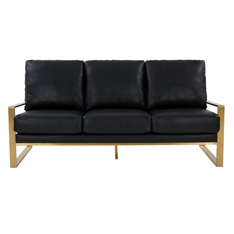 Leisuremod Jefferson Modern Design Faux Leather Sofa With Gold Frame Black