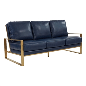 Leisuremod Jefferson Modern Design Faux Leather Sofa With Gold Frame Navy Blue