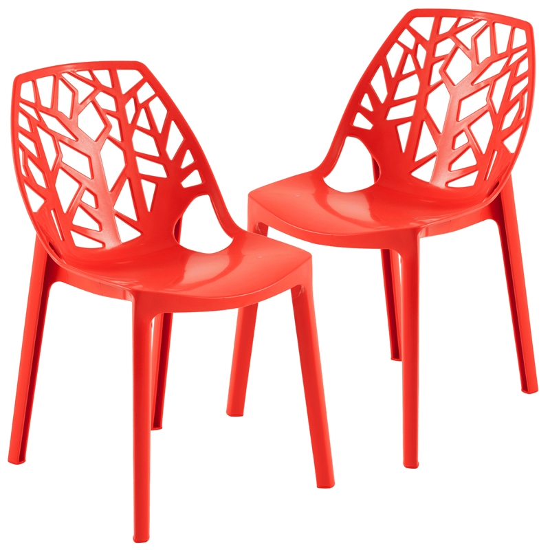 LeisureMod Cornelia Modern Plastic Dining Side Chair Set of 2 Solid Red
