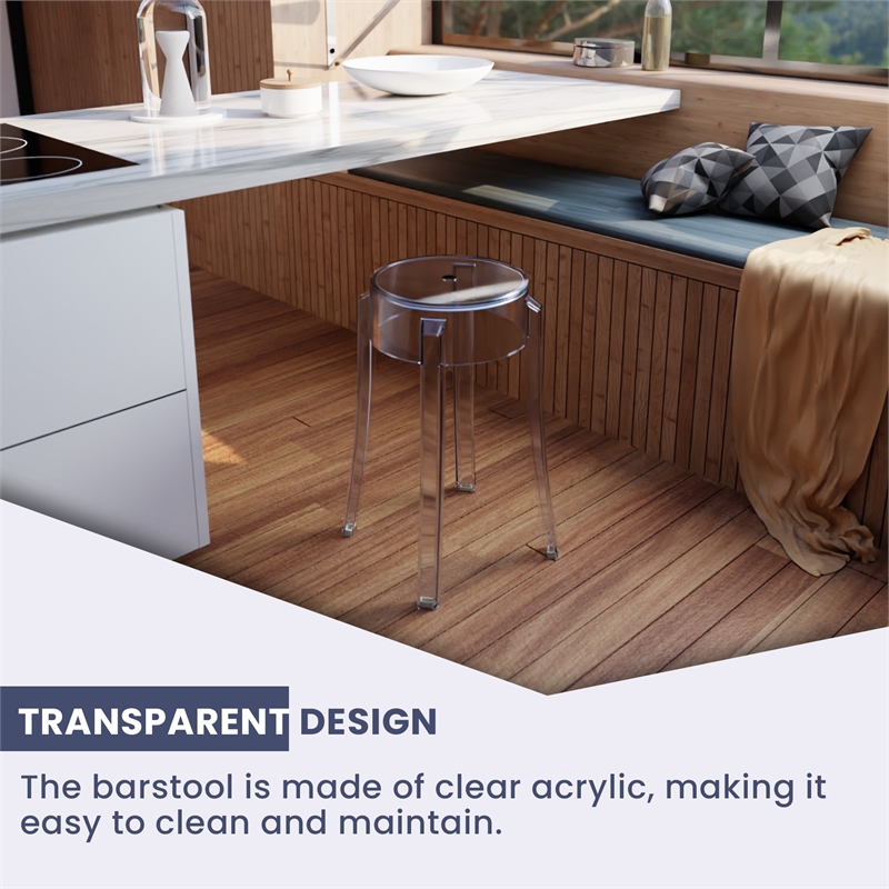 LeisureMod Averill Modern Plastic Dining Stool for Dining Room Clear - Set of 2