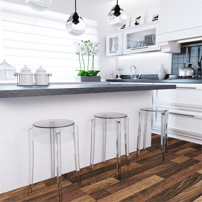 LeisureMod Averill Modern Plastic Dining Stool for Dining Room Clear - Set of 2