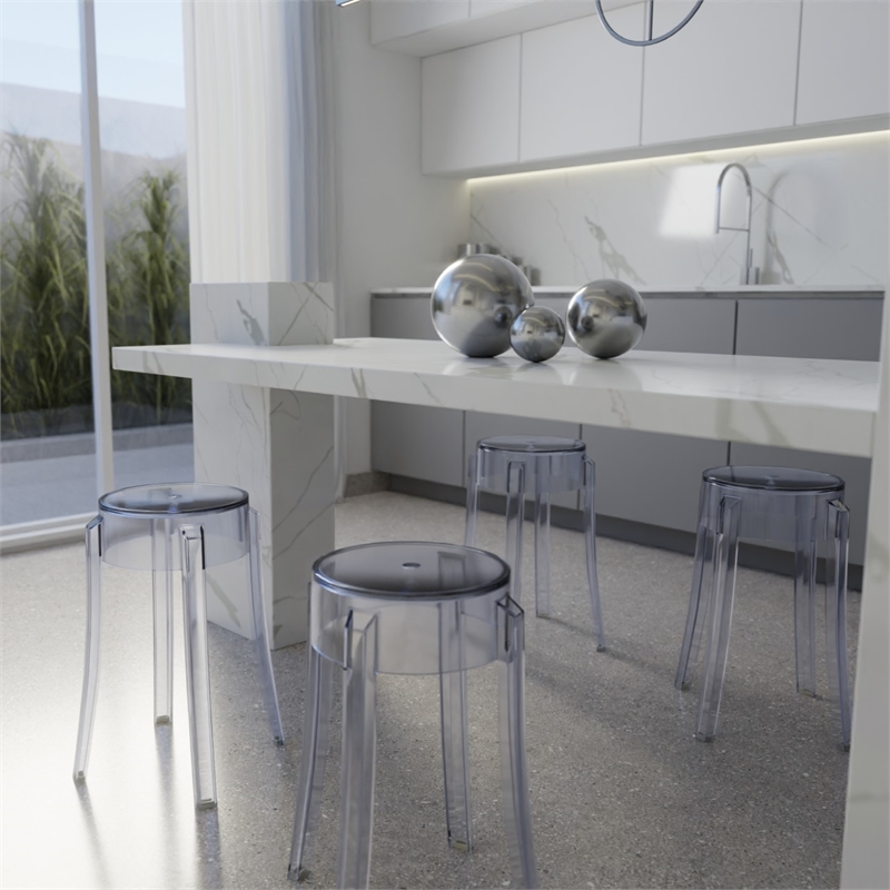 LeisureMod Averill Modern Plastic Dining Stool for Dining Room Clear - Set of 2