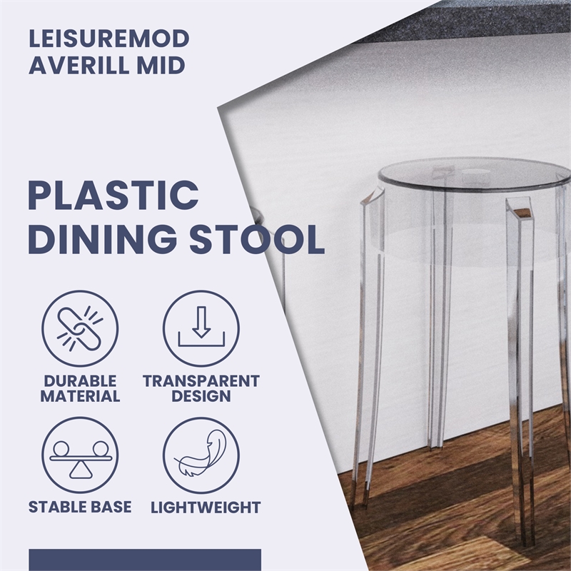 LeisureMod Averill Modern Plastic Dining Stool for Dining Room Clear - Set of 2