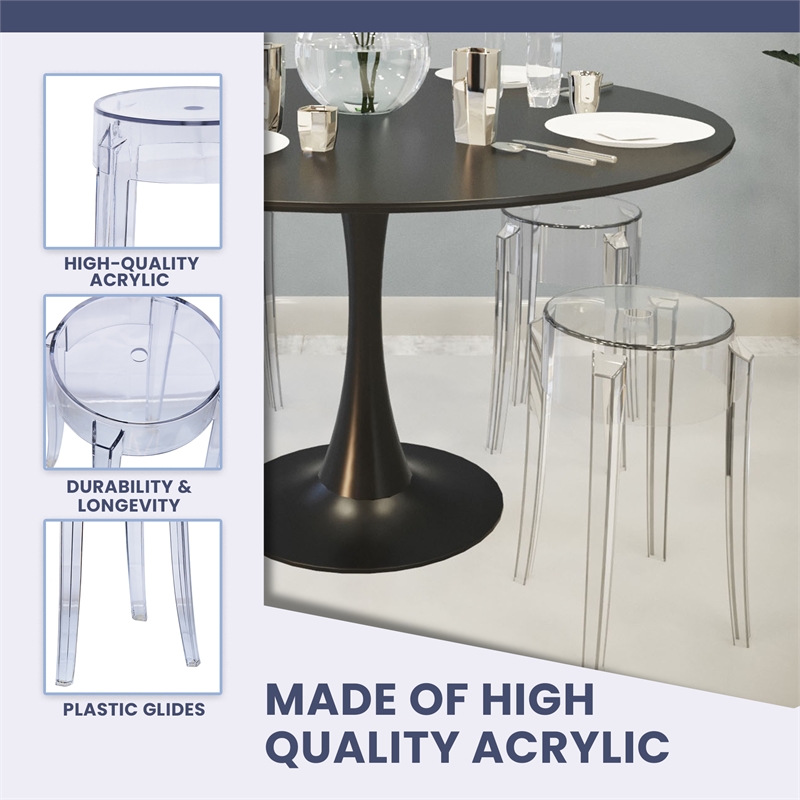LeisureMod Averill Modern Plastic Dining Stool for Dining Room Clear - Set of 2