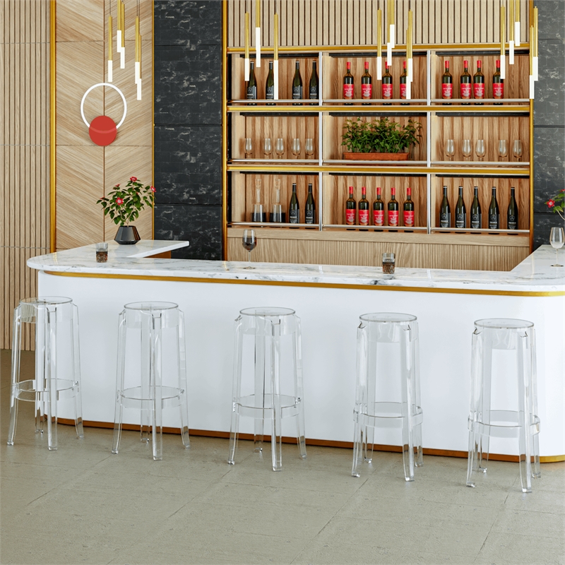 LeisureMod Averill Plastic Barstool with Clear Acrylic Seat and Legs Single