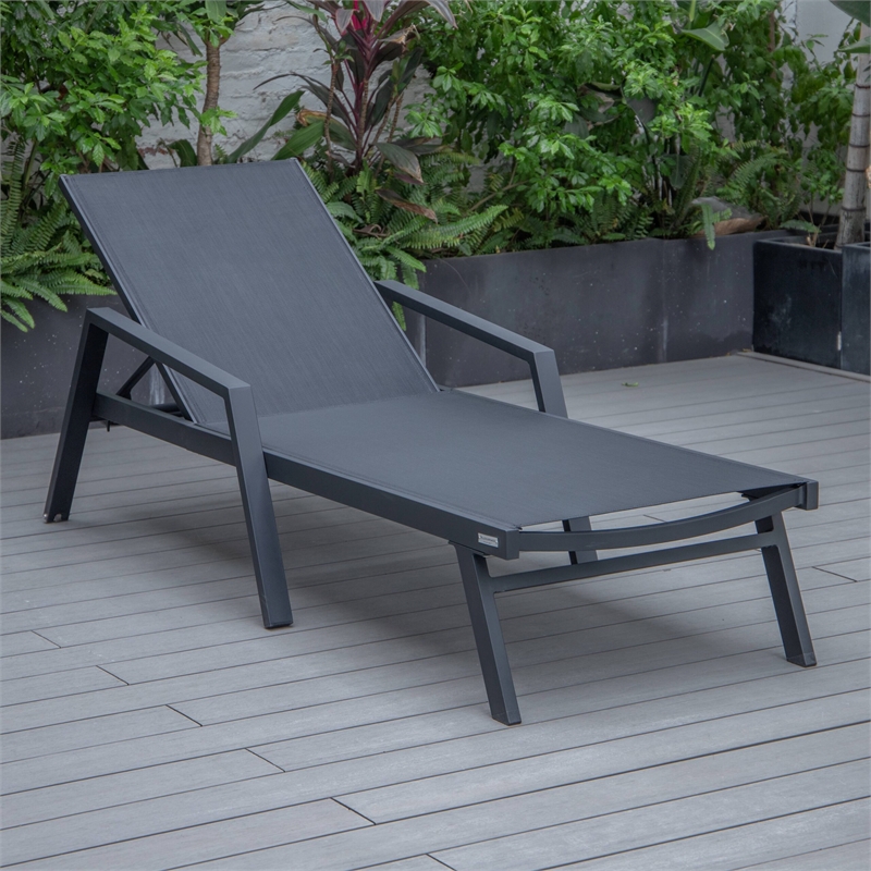 LeisureMod Marlin Patio Chaise Lounge Chair With Arms Aluminum Frame Black