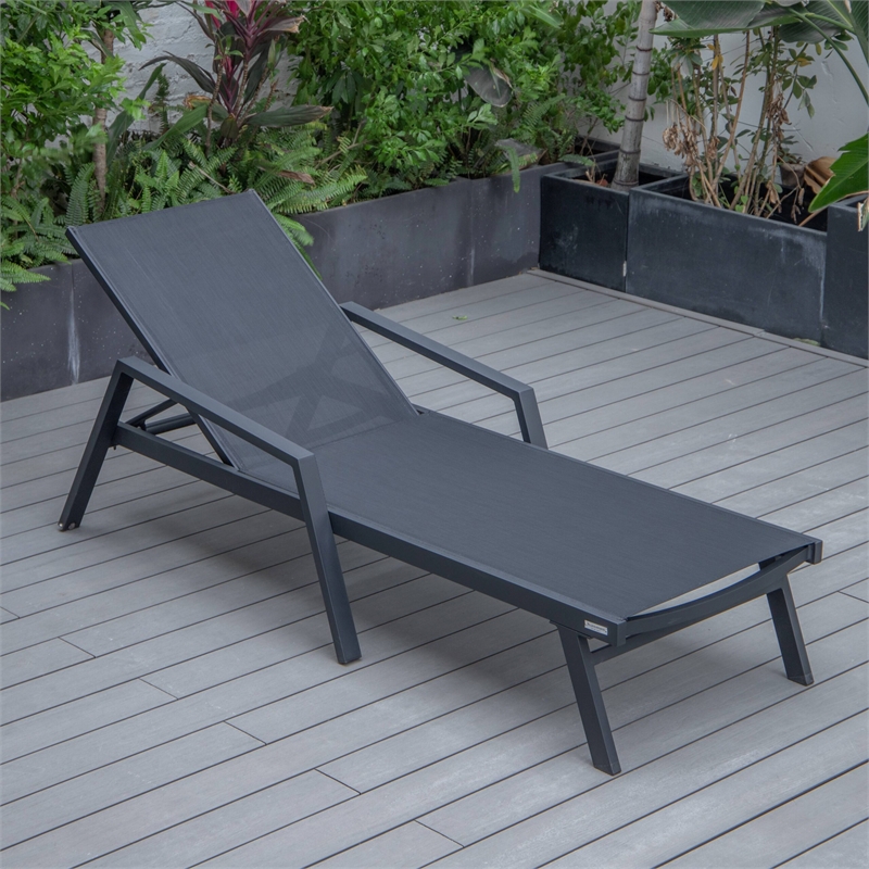 LeisureMod Marlin Patio Chaise Lounge Chair With Arms Aluminum Frame Black