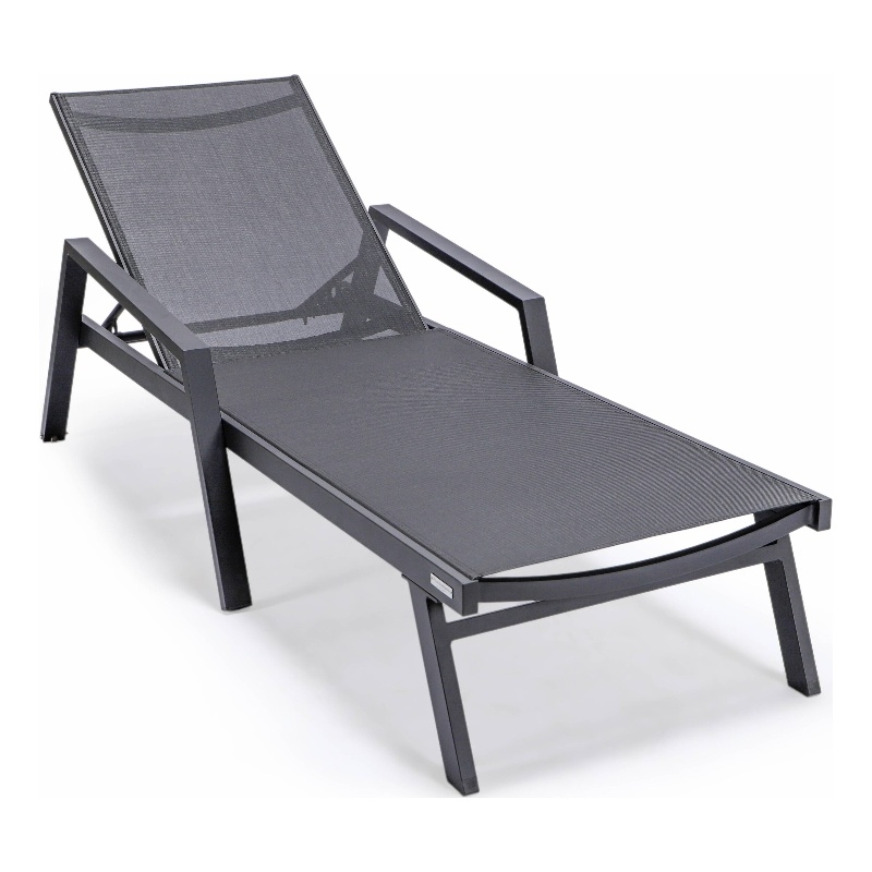 LeisureMod Marlin Patio Chaise Lounge Chair With Arms Aluminum Frame Black