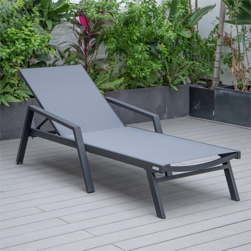 LeisureMod Marlin Patio Chaise Lounge Chair With Arms Aluminum Frame Dark Gray