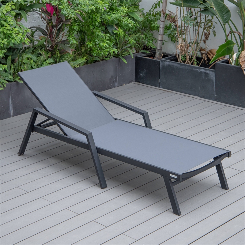 LeisureMod Marlin Patio Chaise Lounge Chair With Arms Aluminum Frame Dark Gray