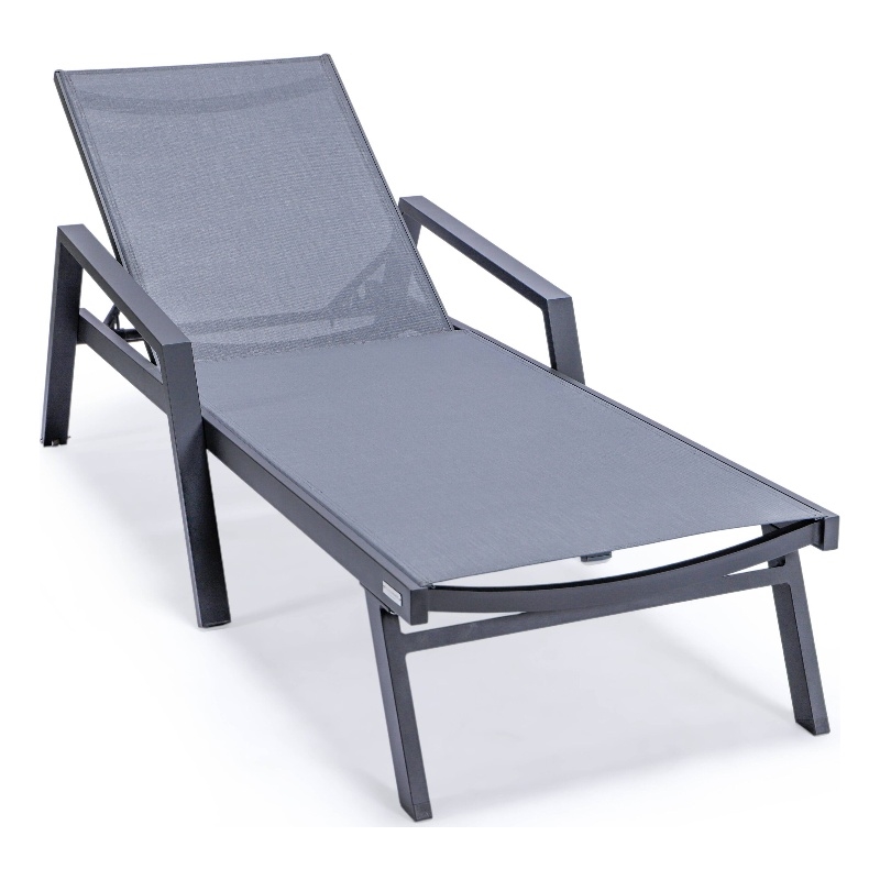 LeisureMod Marlin Patio Chaise Lounge Chair With Arms Aluminum Frame Dark Gray