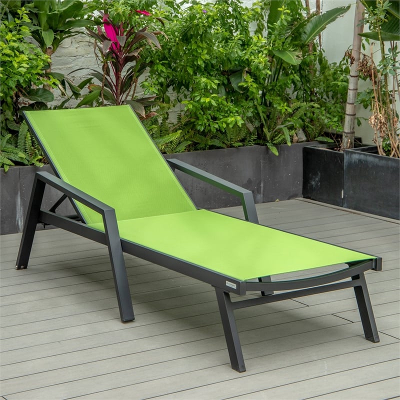LeisureMod Marlin Patio Chaise Lounge Chair With Arms Aluminum Frame Green