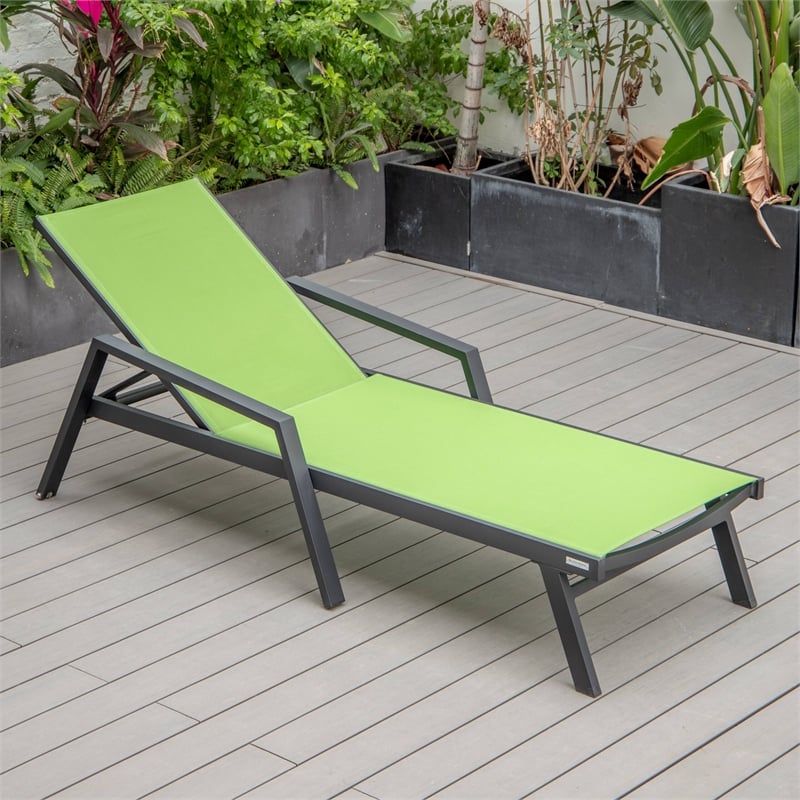 LeisureMod Marlin Patio Chaise Lounge Chair With Arms Aluminum Frame Green