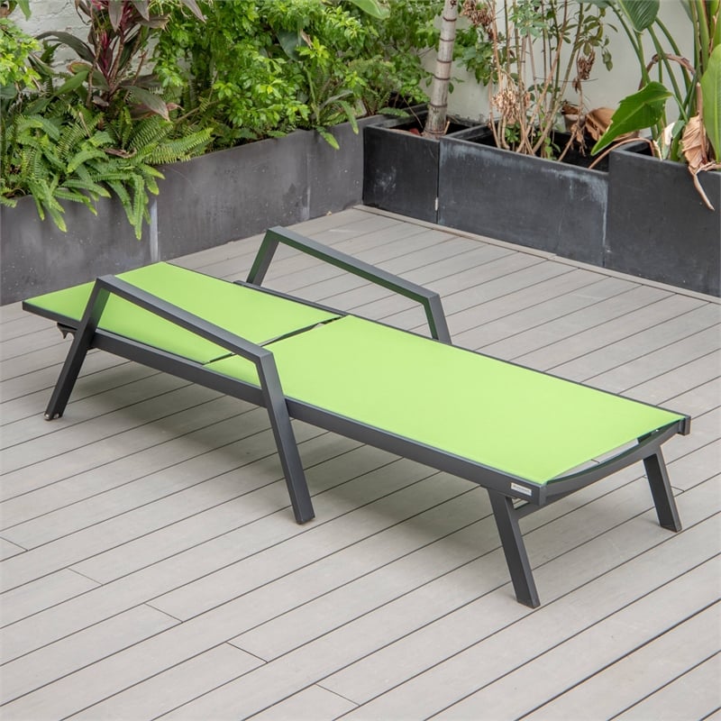 LeisureMod Marlin Patio Chaise Lounge Chair With Arms Aluminum Frame Green
