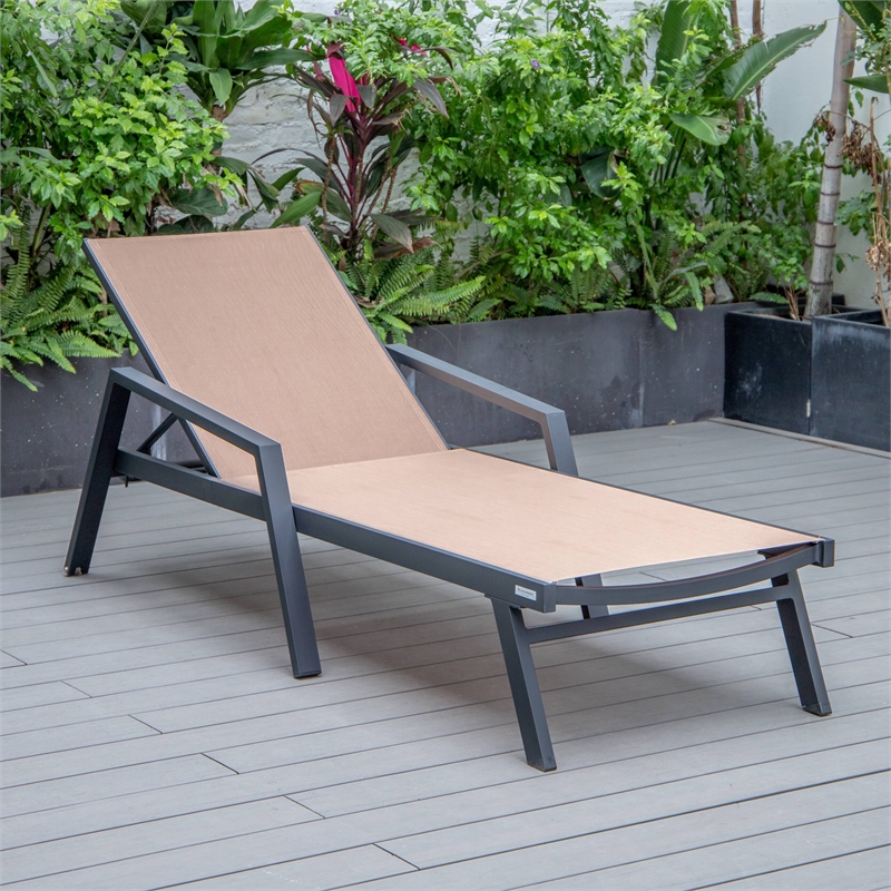 LeisureMod Marlin Patio Chaise Lounge Chair With Arms Aluminum Frame Light Brown