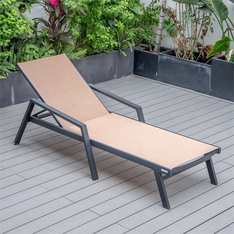 LeisureMod Marlin Patio Chaise Lounge Chair With Arms Aluminum Frame Light Brown
