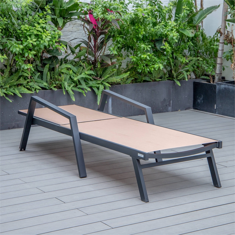 LeisureMod Marlin Patio Chaise Lounge Chair With Arms Aluminum Frame Light Brown