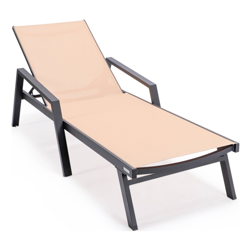 LeisureMod Marlin Patio Chaise Lounge Chair With Arms Aluminum Frame Light Brown