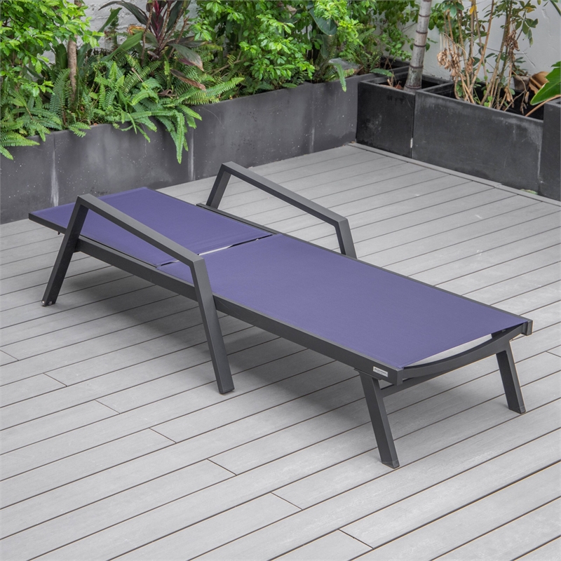 LeisureMod Marlin Patio Chaise Lounge Chair With Arms Aluminum Frame Navy Blue