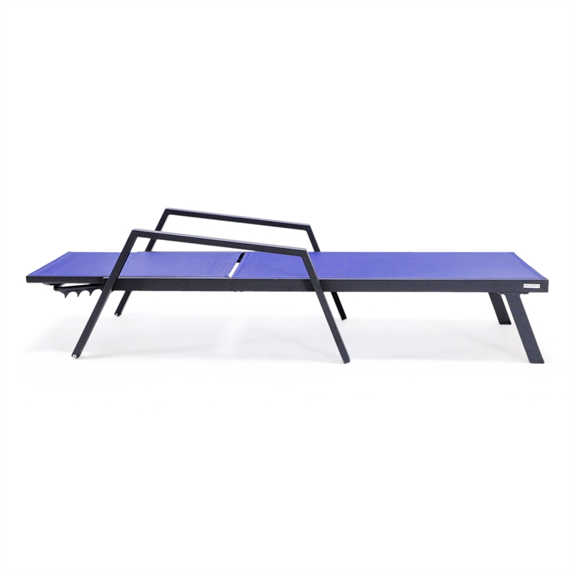 LeisureMod Marlin Patio Chaise Lounge Chair With Arms Aluminum Frame Navy Blue