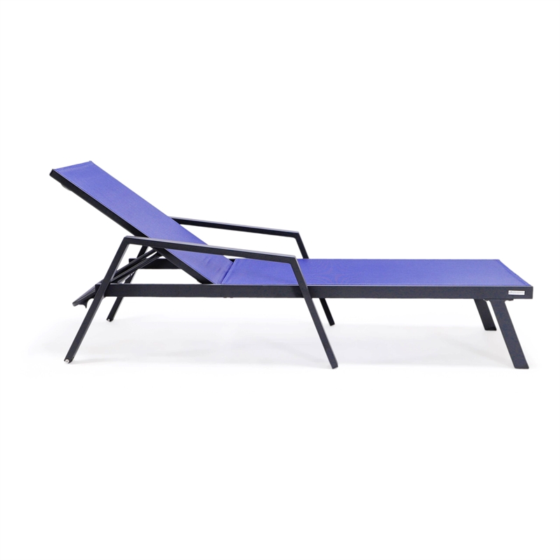 LeisureMod Marlin Patio Chaise Lounge Chair With Arms Aluminum Frame Navy Blue
