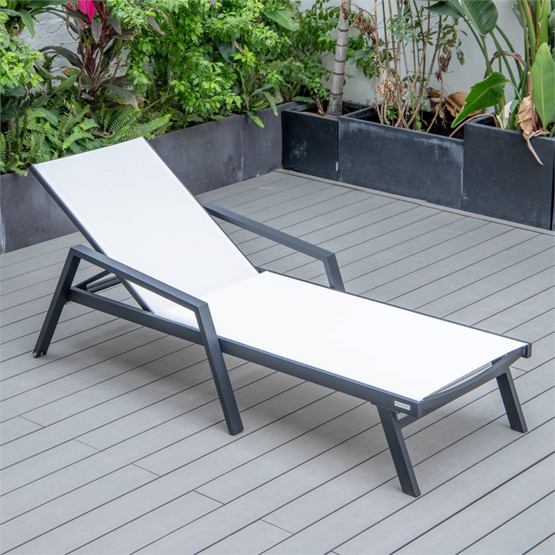 LeisureMod Marlin Patio Chaise Lounge Chair With Arms Aluminum Frame White
