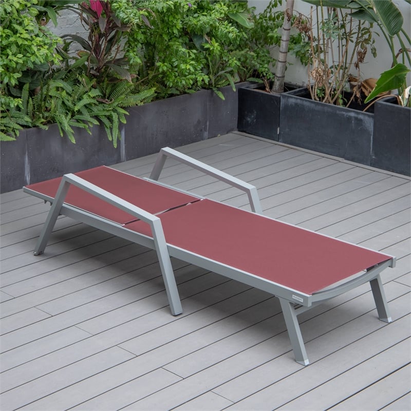 LeisureMod Marlin Patio Chaise Lounge Chair With Arms Aluminum Frame Red