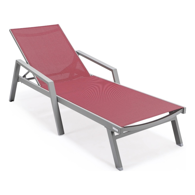 LeisureMod Marlin Patio Chaise Lounge Chair With Arms Aluminum Frame Red