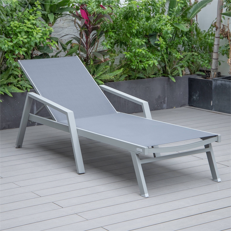LeisureMod Marlin Patio Chaise Lounge Chair With Arms Aluminum Frame Dark Gray