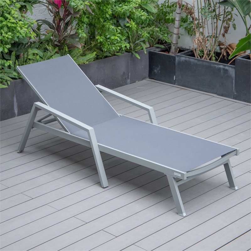 LeisureMod Marlin Patio Chaise Lounge Chair With Arms Aluminum Frame Dark Gray
