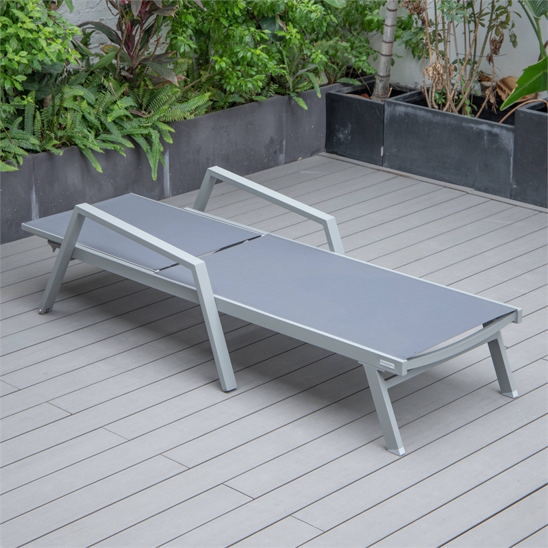 LeisureMod Marlin Patio Chaise Lounge Chair With Arms Aluminum Frame Dark Gray