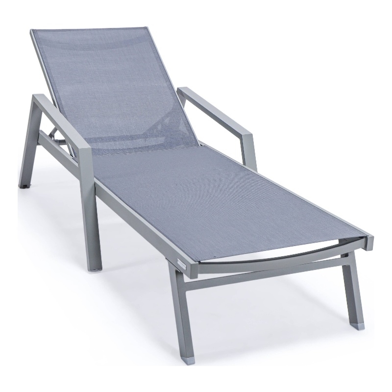 LeisureMod Marlin Patio Chaise Lounge Chair With Arms Aluminum Frame Dark Gray