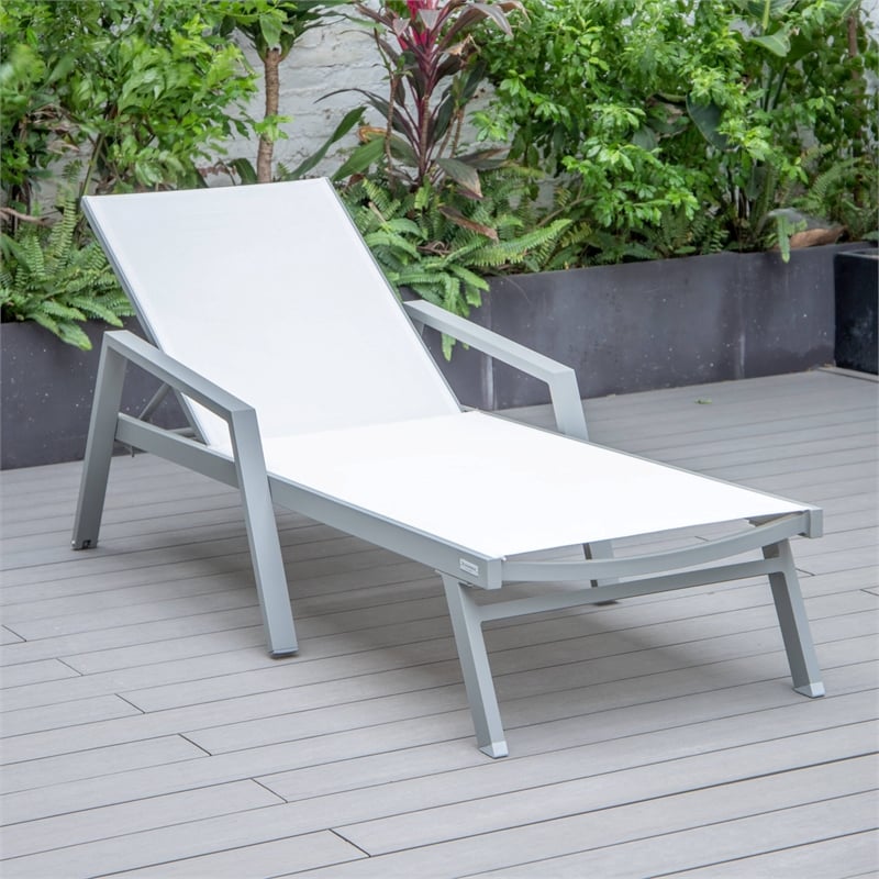 LeisureMod Marlin Patio Chaise Lounge Chair With Arms Aluminum Frame White