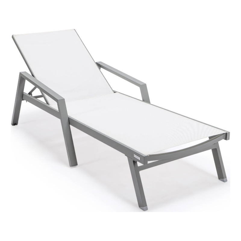 LeisureMod Marlin Patio Chaise Lounge Chair With Arms Aluminum Frame White