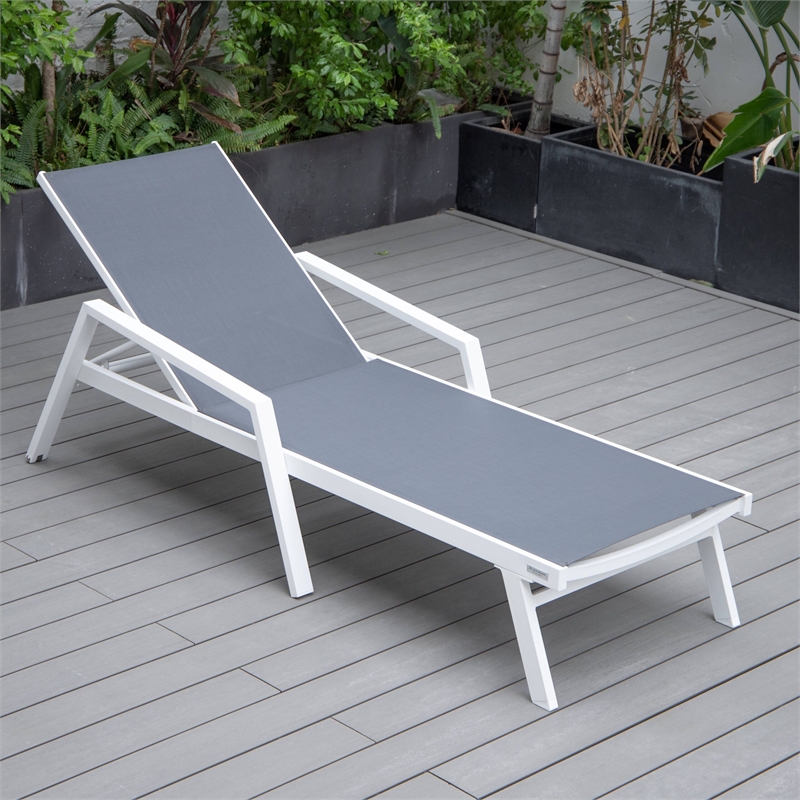 LeisureMod Marlin Patio Chaise Lounge Chair With Arms Aluminum Frame Dark Gray