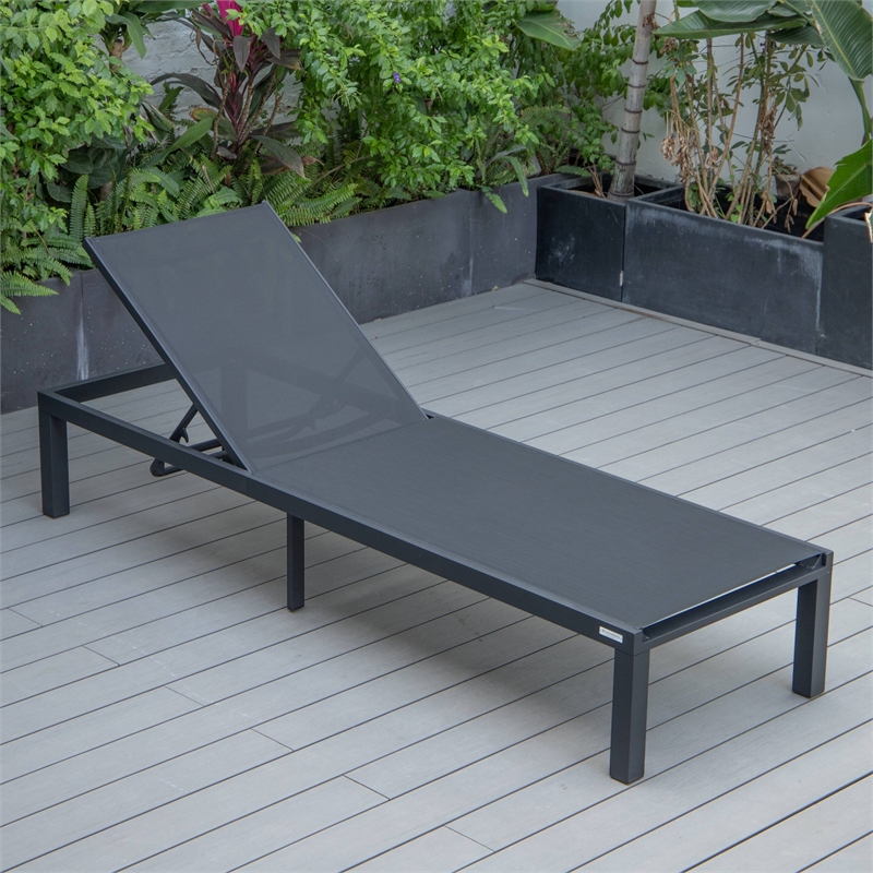 LeisureMod Marlin Patio Chaise Lounge Chair With Black Aluminum Frame Black
