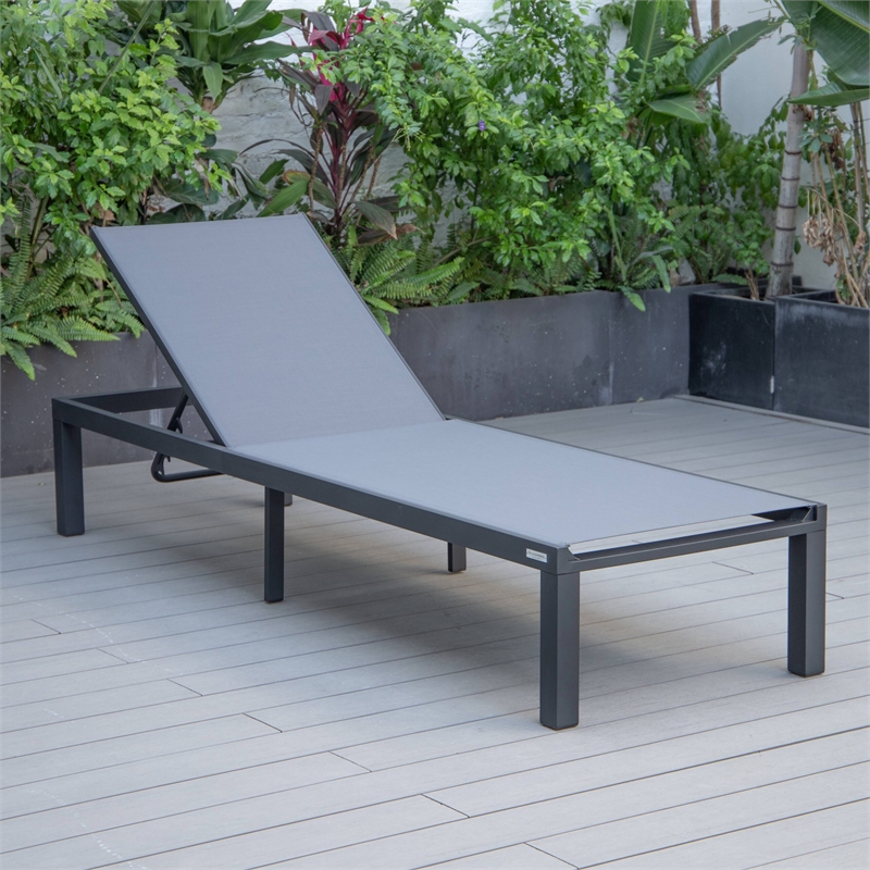 LeisureMod Marlin Patio Chaise Lounge Chair With Black Aluminum Frame Dark Gray