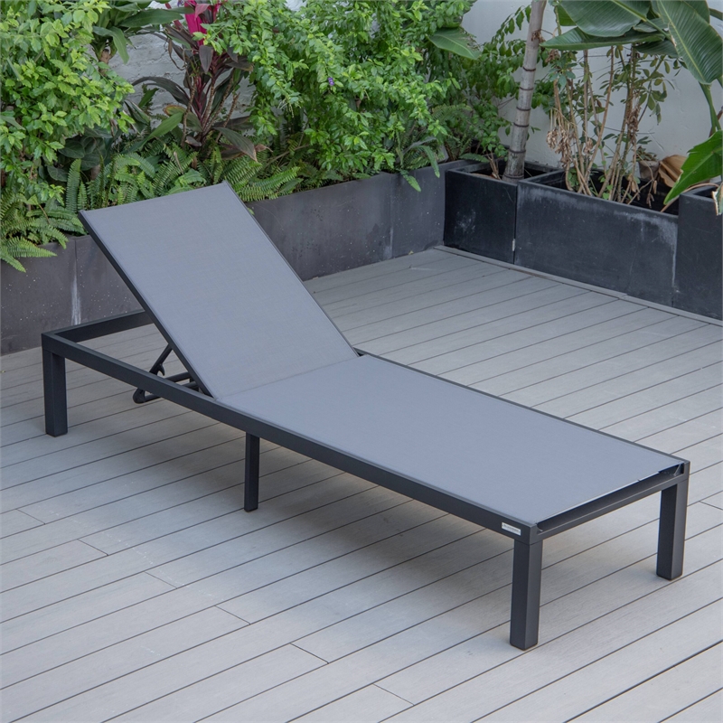 LeisureMod Marlin Patio Chaise Lounge Chair With Black Aluminum Frame Dark Gray