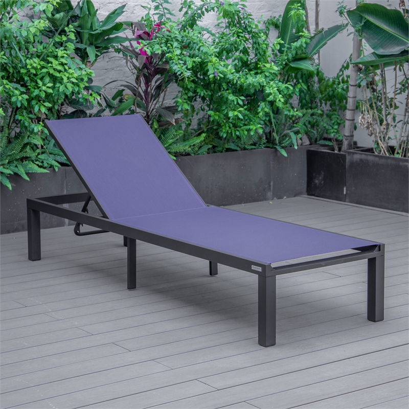 LeisureMod Marlin Patio Chaise Lounge Chair With Black Aluminum Frame Navy Blue