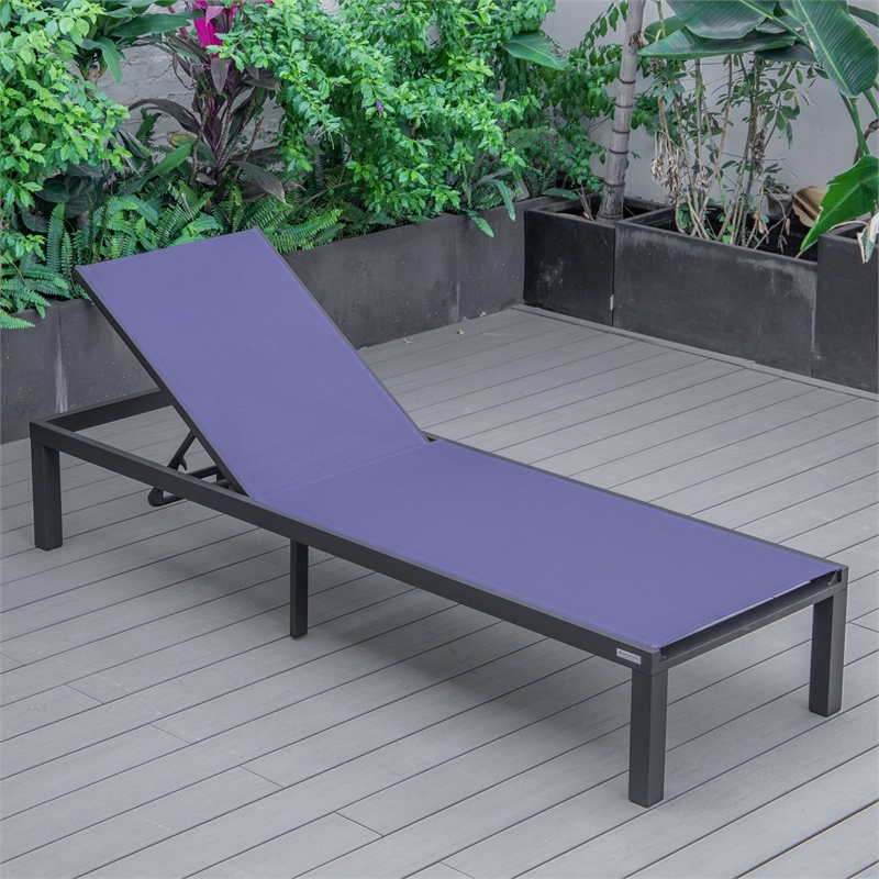 LeisureMod Marlin Patio Chaise Lounge Chair With Black Aluminum Frame Navy Blue