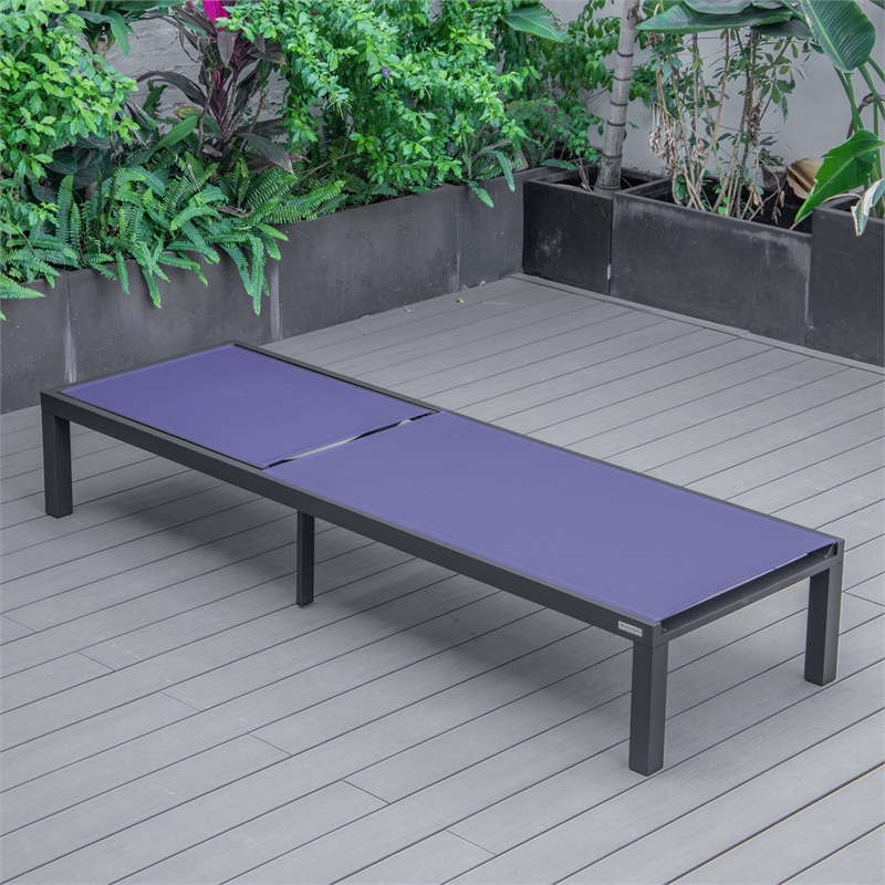 LeisureMod Marlin Patio Chaise Lounge Chair With Black Aluminum Frame Navy Blue