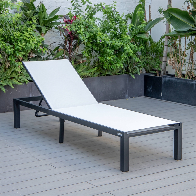 LeisureMod Marlin Patio Chaise Lounge Chair With Black Aluminum Frame White